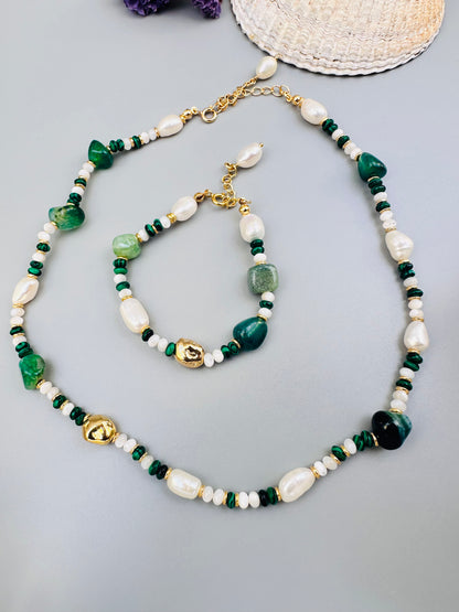 18k gold plated The Multielement Necklace Bracelet Featuring Malachite Pearls and Green Onyx