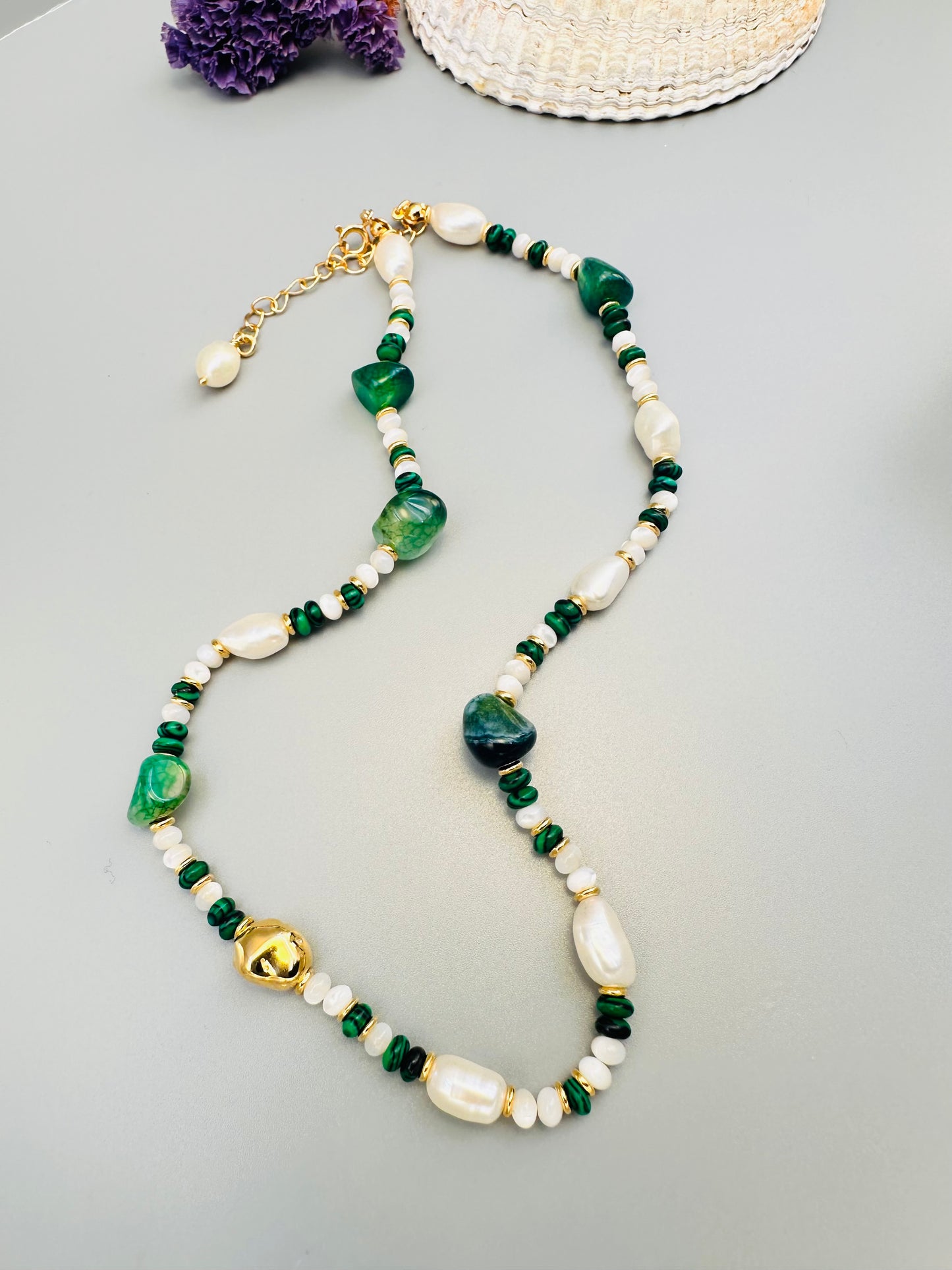 18k gold plated The Multielement Necklace Bracelet Featuring Malachite Pearls and Green Onyx