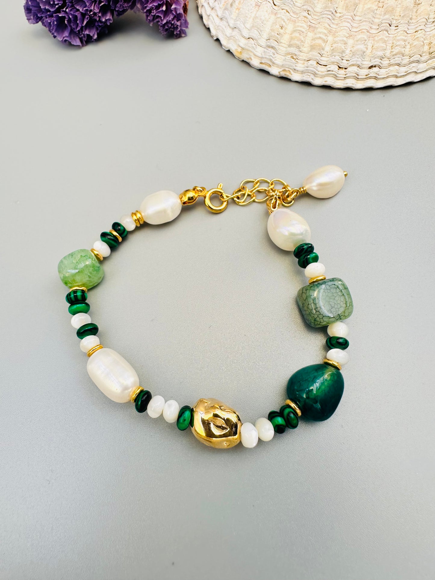 18k gold plated The Multielement Necklace Bracelet Featuring Malachite Pearls and Green Onyx