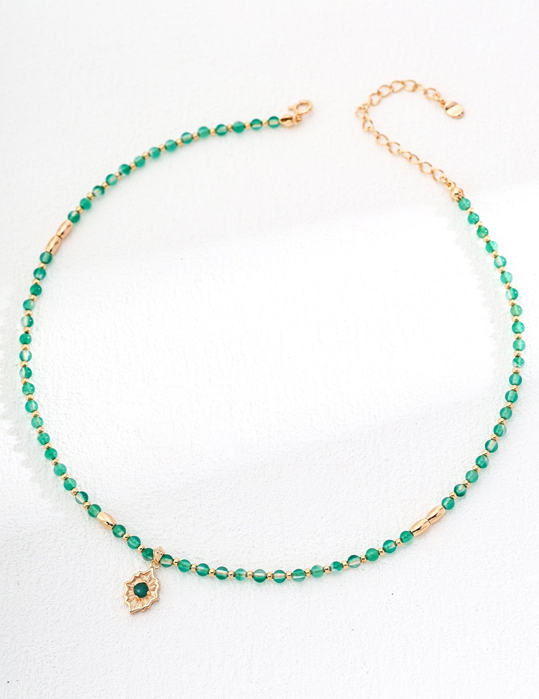 Delicate and Elegant Green Agate Beaded Necklace with Jade Pendant Charm Clovers