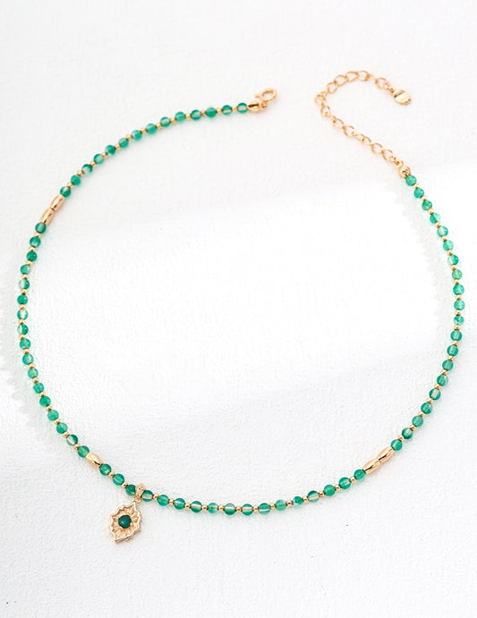 Delicate and Elegant Green Agate Beaded Necklace with Jade Pendant Charm Clovers