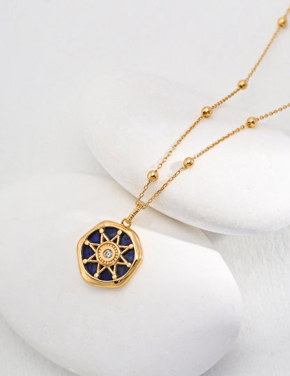 Gold Compass Pendant Necklace Nautical Jewelry with Lapis Lazuli and Earrings