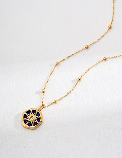 Gold Compass Pendant Necklace Nautical Jewelry with Lapis Lazuli and Earrings