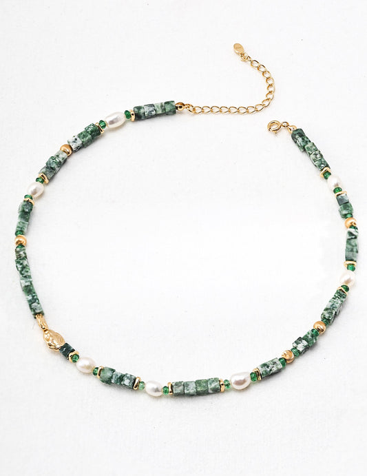 Sterling silver gold plated Green Cubic Jade and Pearl Beaded Necklace