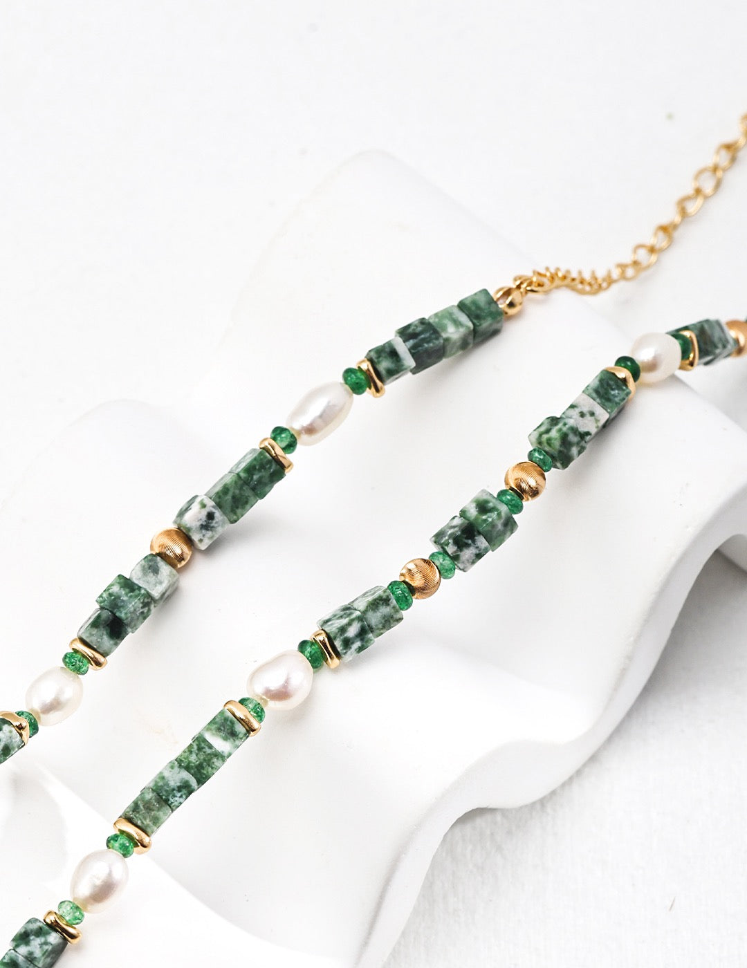 Sterling silver gold plated Green Cubic Jade and Pearl Beaded Necklace