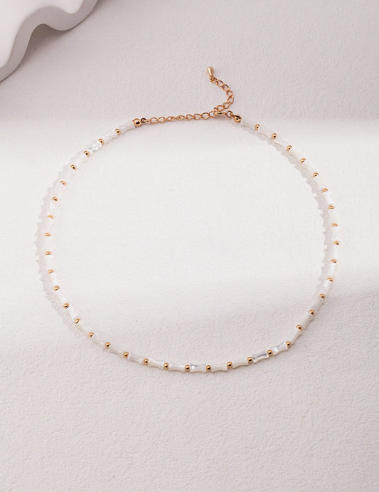 Sterling silver gold plated .White Bamboo Necklace, beaded Jewelry dainty Beaded