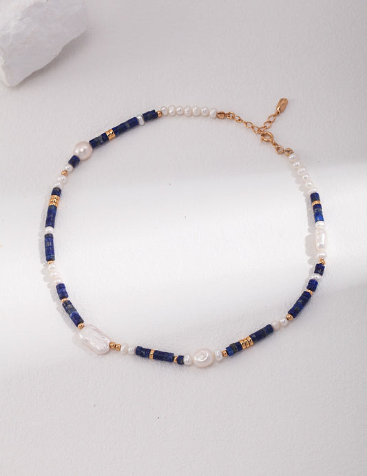 Boho Chic Pearl and Lapis Lazuli Necklace, Unique Artisan Beaded Jewelry, Pearl Necklace