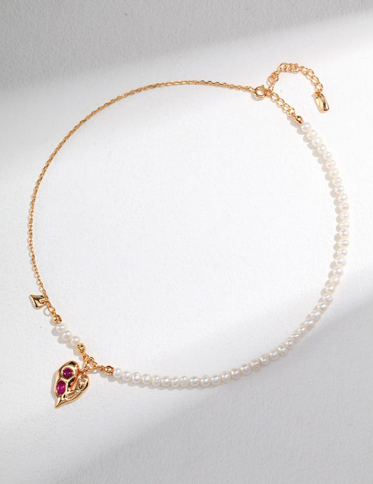 18k gold plated Magenta Zirconia Irregular Heart Pendant Pearl Necklace