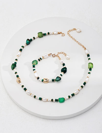 18k gold plated The Multielement Necklace Bracelet Featuring Malachite Pearls and Green Onyx