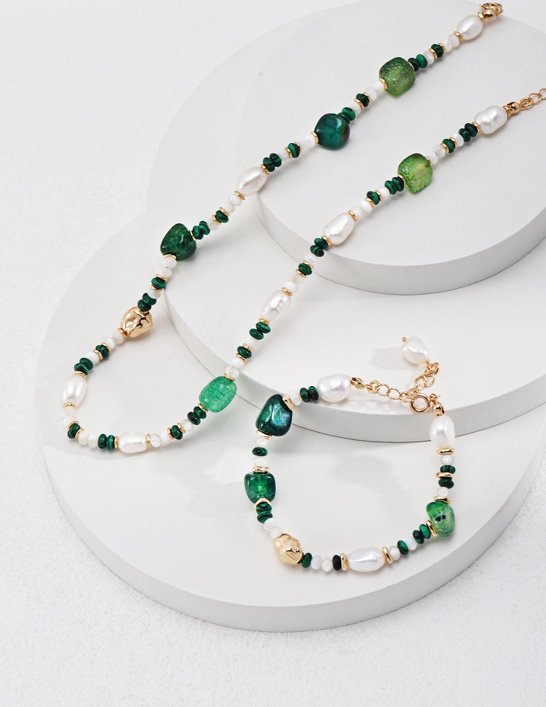 18k gold plated The Multielement Necklace Bracelet Featuring Malachite Pearls and Green Onyx