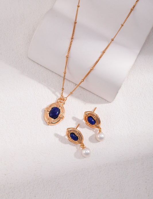 Vintage Gold Lapis Lazuli and Pearl Jewelry Set