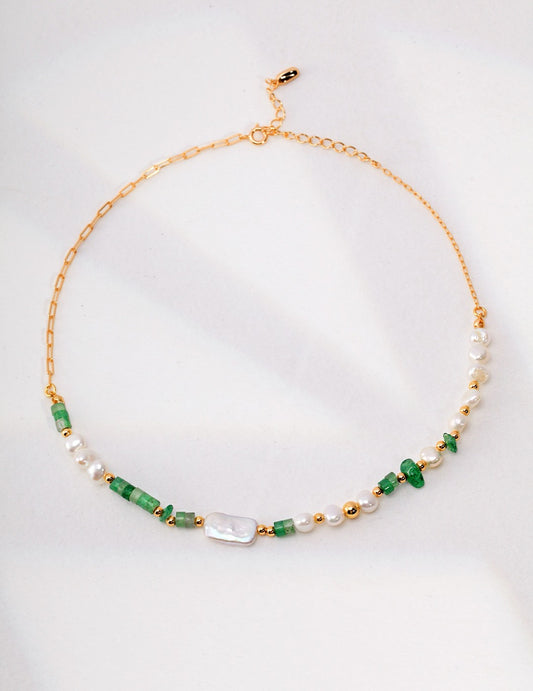 Vintage Gold Aventurine Green Strawberry Quartz Pearl Necklace - 925 Silver Natural Pearls