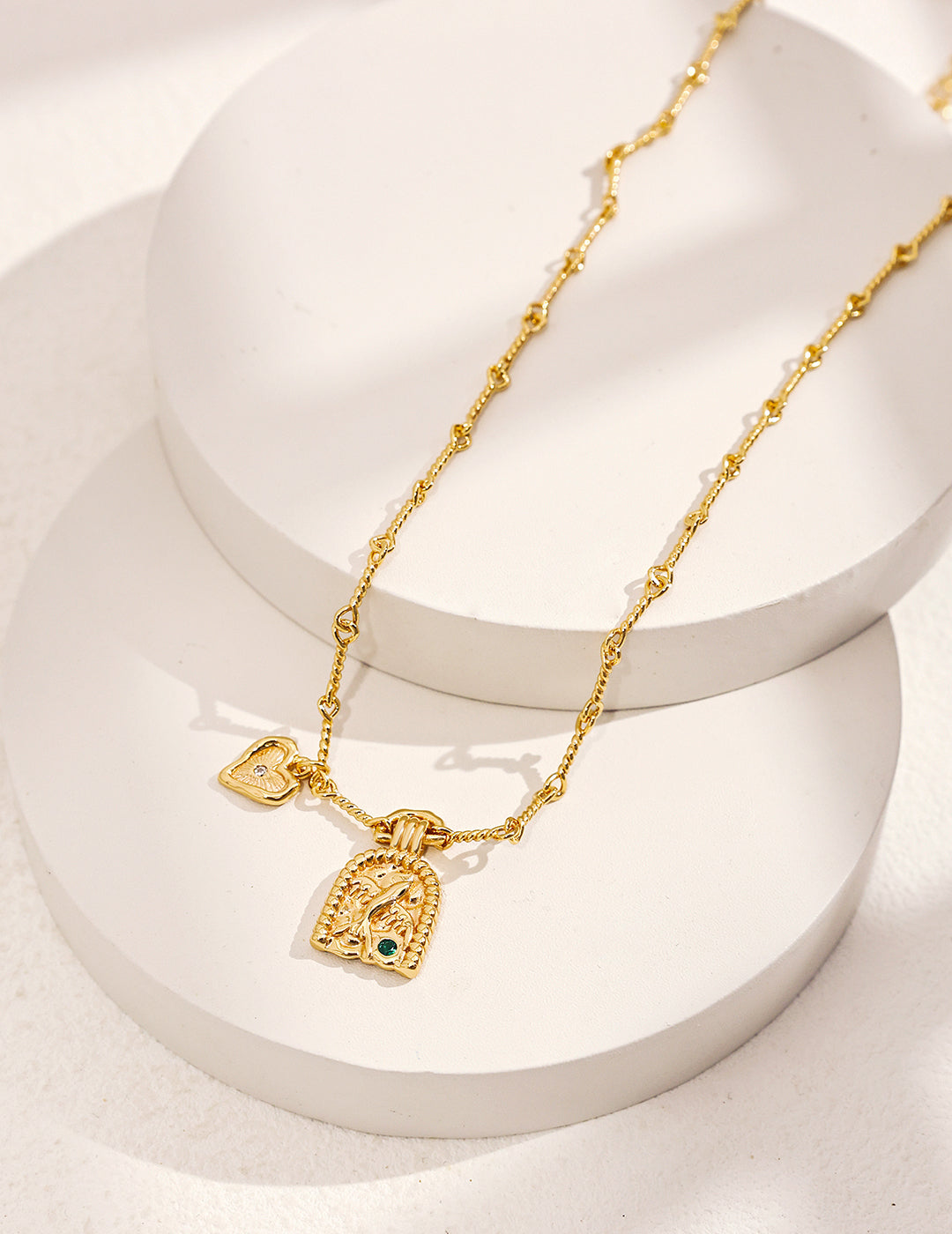 18K Gold Plated Sterling Silver Pendant Necklace with Heart-Shape and Bird Molding.