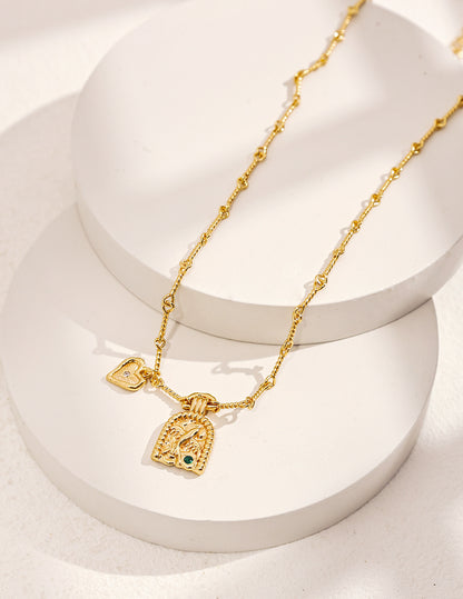 18K Gold Plated Sterling Silver Pendant Necklace with Heart-Shape and Bird Molding.