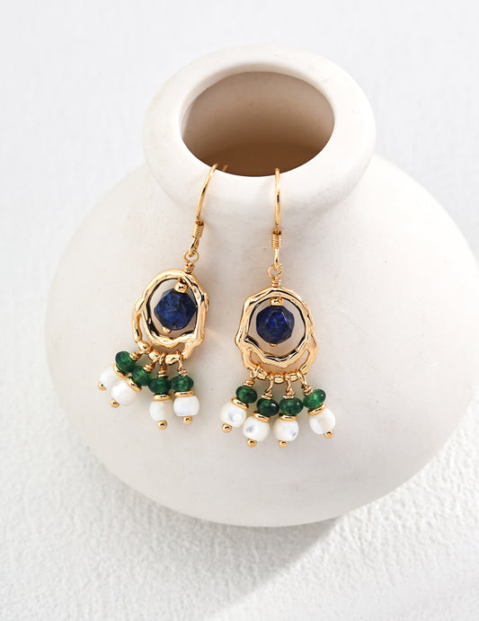 Vintage Gold Lapis Lazuli and Green Gemstone Dangle Earrings