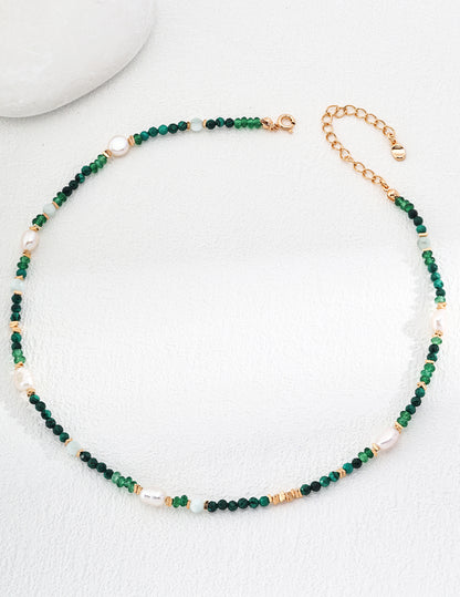 Green Malachite, Shell Pearl, and 18K Gold Filled Bead Necklace, Faceted Gemstone Layering Necklace with Sterling Silver Stud Earrings for Women Fashion