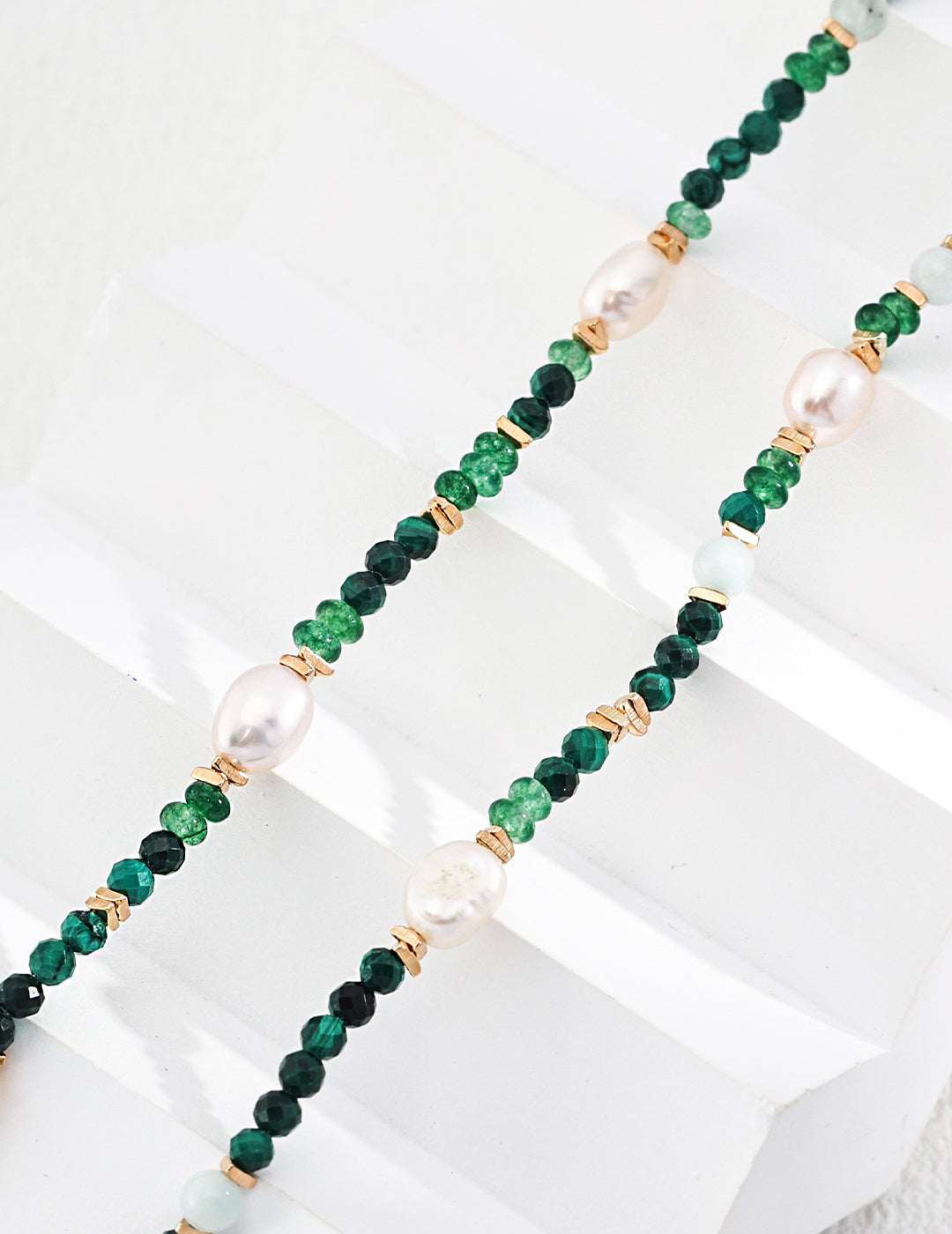 Green Malachite, Shell Pearl, and 18K Gold Filled Bead Necklace, Faceted Gemstone Layering Necklace with Sterling Silver Stud Earrings for Women Fashion