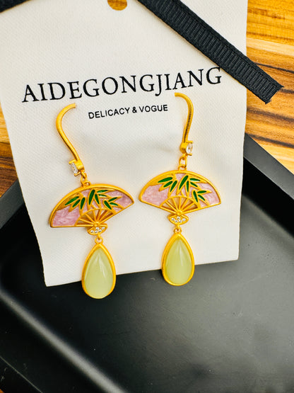 Chinese Style Gold-Plated Fan with Sterling Silver Stud Earrings for Women Fashion