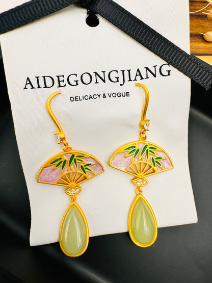 Chinese Style Gold-Plated Fan with Sterling Silver Stud Earrings for Women Fashion