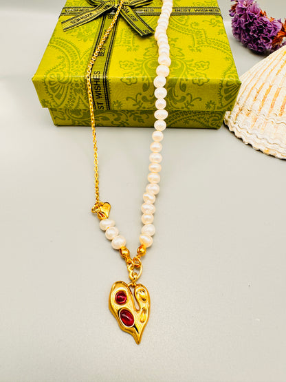 18k gold plated Magenta Zirconia Irregular Heart Pendant Pearl Necklace