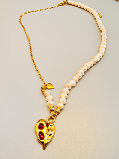 18k gold plated Magenta Zirconia Irregular Heart Pendant Pearl Necklace