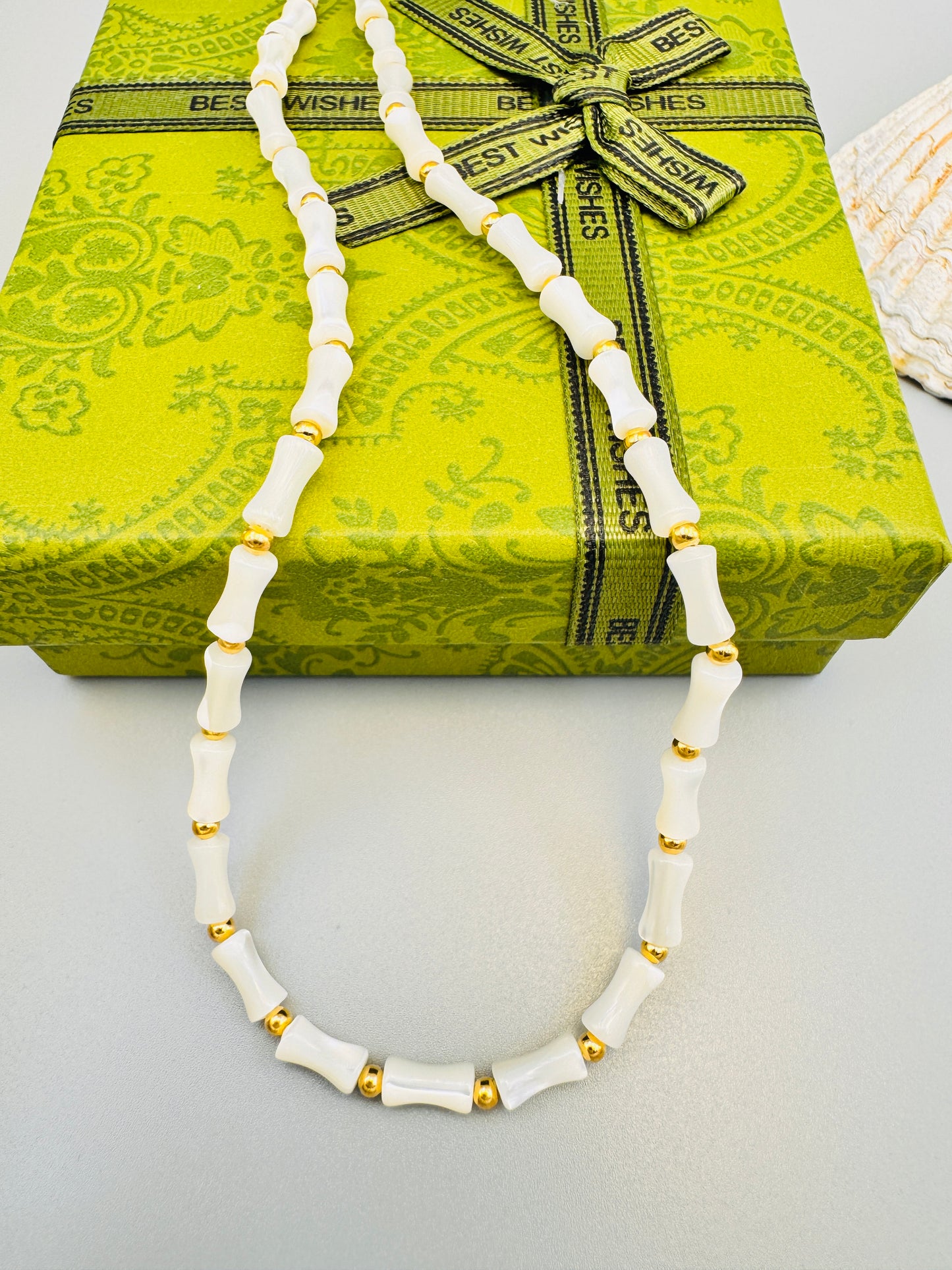 Sterling silver gold plated .White Bamboo Necklace, beaded Jewelry dainty Beaded