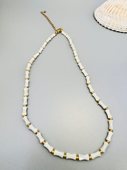 Sterling silver gold plated .White Bamboo Necklace, beaded Jewelry dainty Beaded