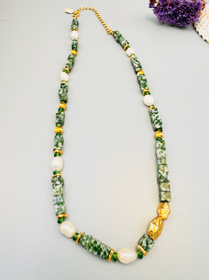 Sterling silver gold plated Green Cubic Jade and Pearl Beaded Necklace