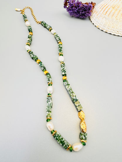 Sterling silver gold plated Green Cubic Jade and Pearl Beaded Necklace