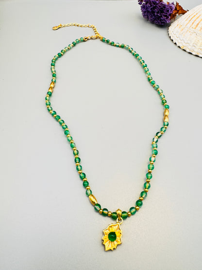 Delicate and Elegant Green Agate Beaded Necklace with Jade Pendant Charm Clovers