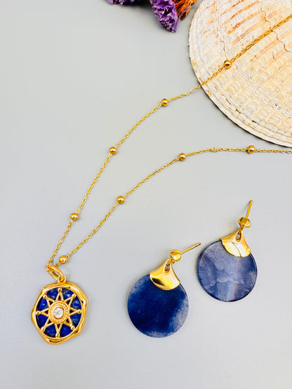 Gold Compass Pendant Necklace Nautical Jewelry with Lapis Lazuli and Earrings