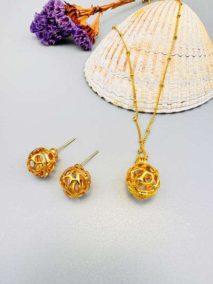 Sterling silver gold plated，BALL JEWELRY SET PENDANT 18INCH THIN CHAIN DANGLE EARRING YELLOW GOLD COLOR HOLLOW HEART BALL SET FOR WOMEN GIRLS GREAT GIFT