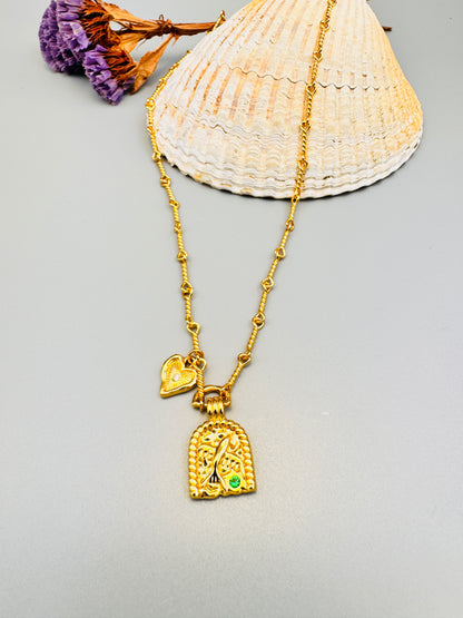 18K Gold Plated Sterling Silver Pendant Necklace with Heart-Shape and Bird Molding.