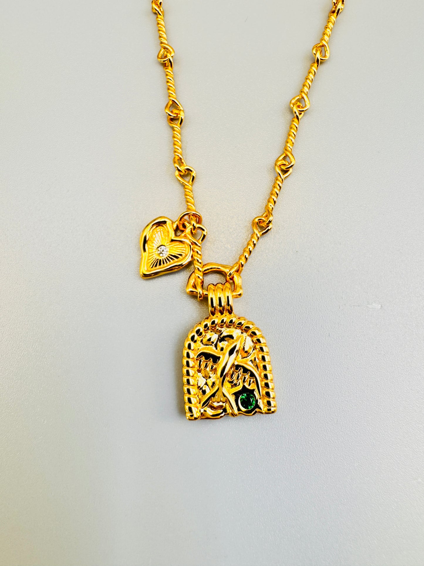 18K Gold Plated Sterling Silver Pendant Necklace with Heart-Shape and Bird Molding.