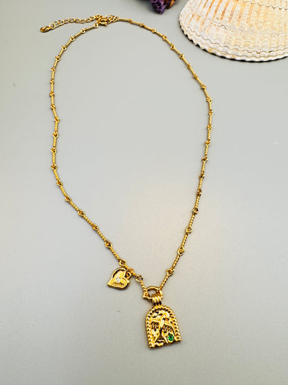 18K Gold Plated Sterling Silver Pendant Necklace with Heart-Shape and Bird Molding.