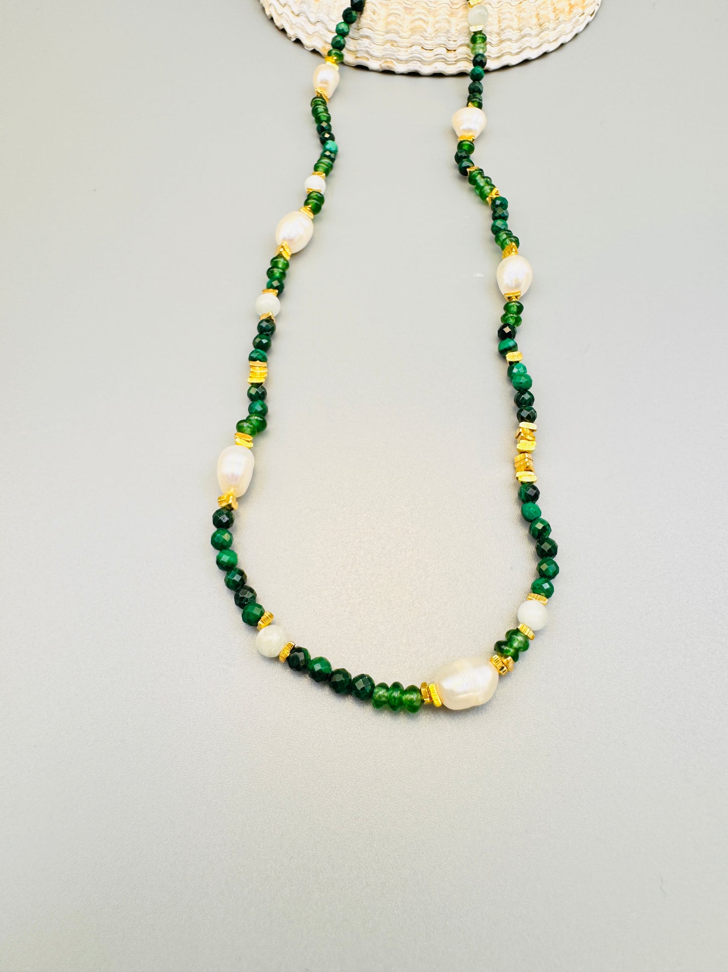 Green Malachite, Shell Pearl, and 18K Gold Filled Bead Necklace, Faceted Gemstone Layering Necklace with Sterling Silver Stud Earrings for Women Fashion