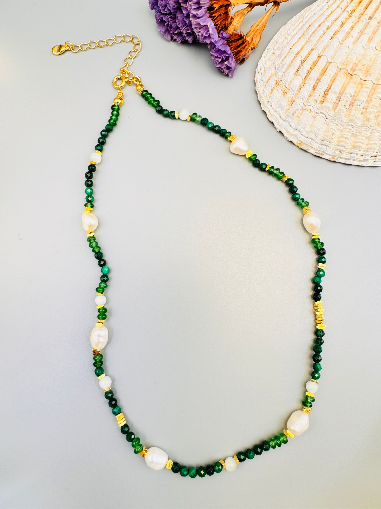 Green Malachite, Shell Pearl, and 18K Gold Filled Bead Necklace, Faceted Gemstone Layering Necklace with Sterling Silver Stud Earrings for Women Fashion