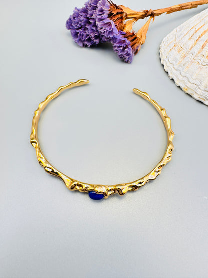 Cabochon lapis lazuli Sterling silver 18k gold plated Push-On Bangle